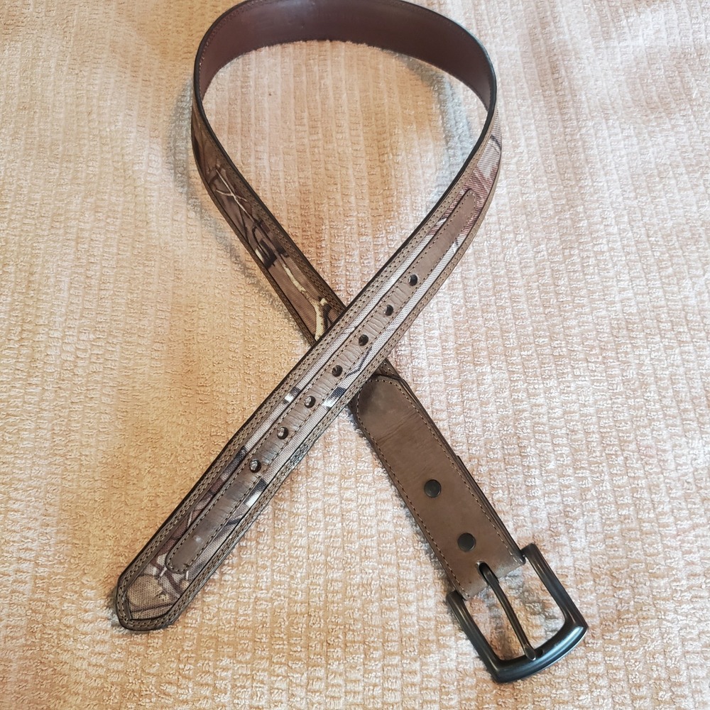 Mens‎ Brown Leather Camo Inlay Belt Size 32 Gunmetal Buckle 5714500 Camouflage